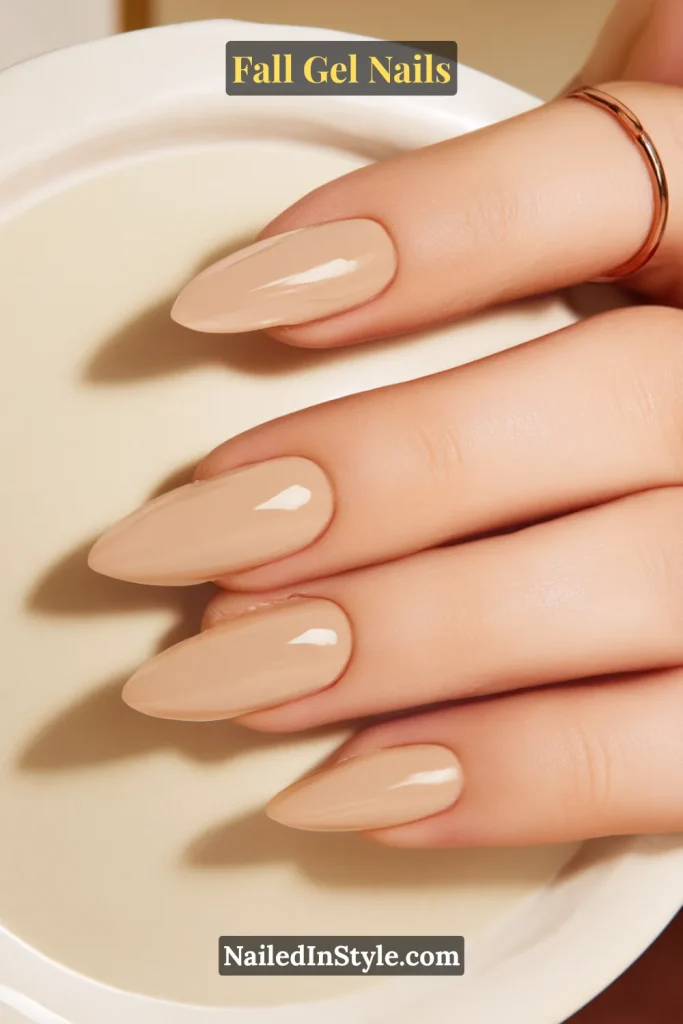 creamy glossy latte nude fall gel nails posed over ceramic brunch plate
