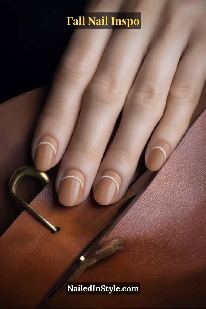Warm tan nails with fine white stitched line art along the side.
