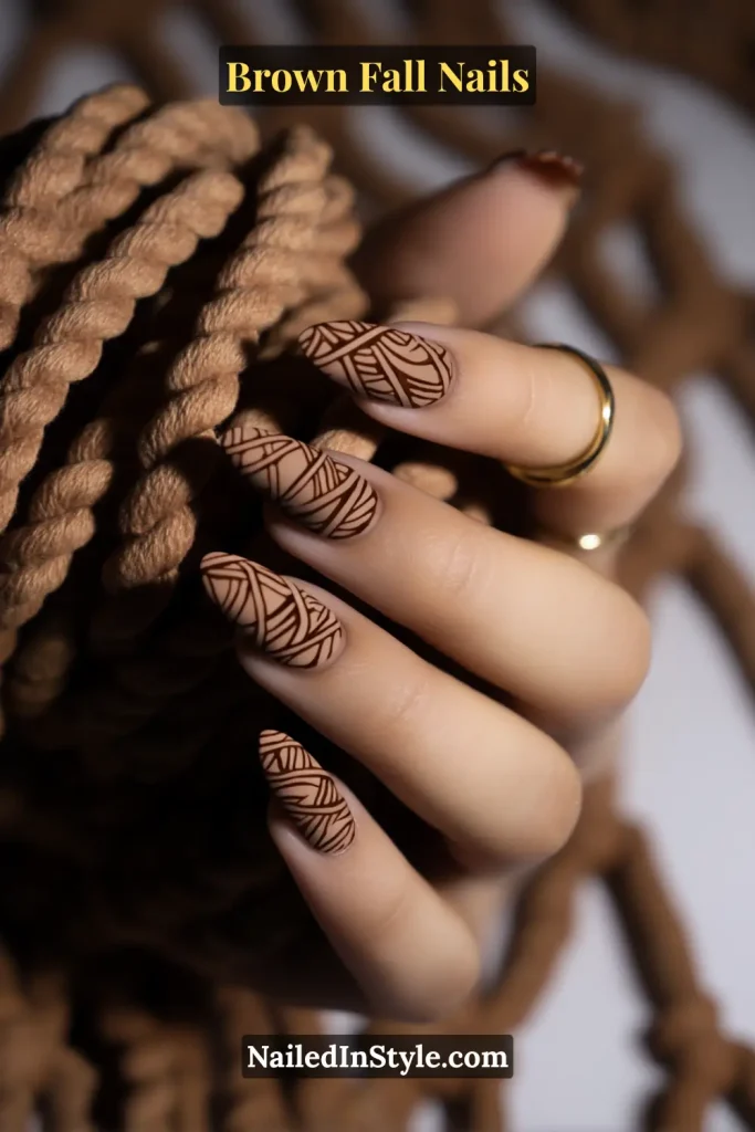 Mocha matte nails with fine brown knot-inspired linework resembling macramé.