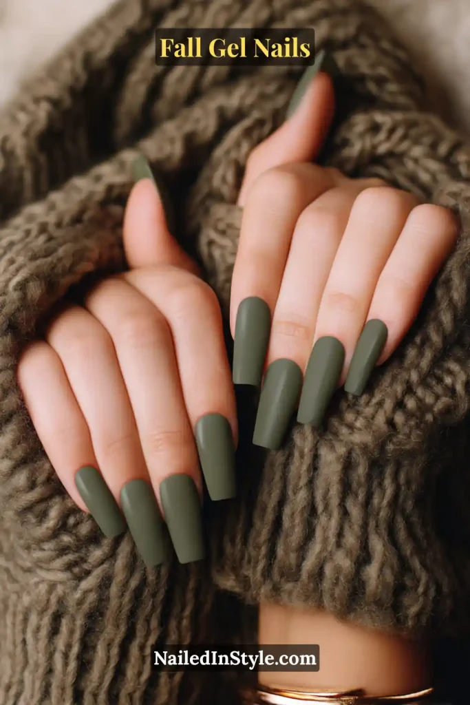 fall gel nails in matte olive green with a soft velvet finish framed by a chunky knit scarf, long coffin shape