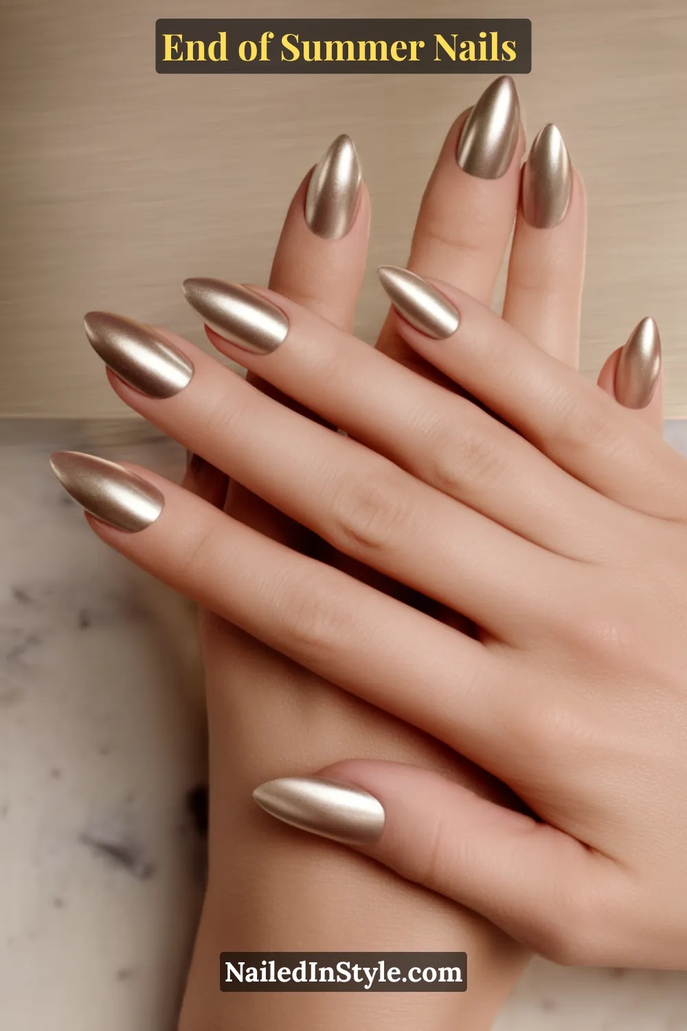 Shimmer chrome nails in copper, bronze, and champagne shades for a metallic glow end of summer manicure.