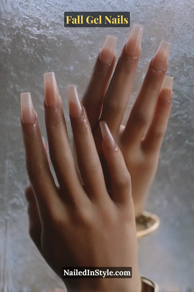translucent olive green fall gel nails in coffin shape, posed by frosted window light