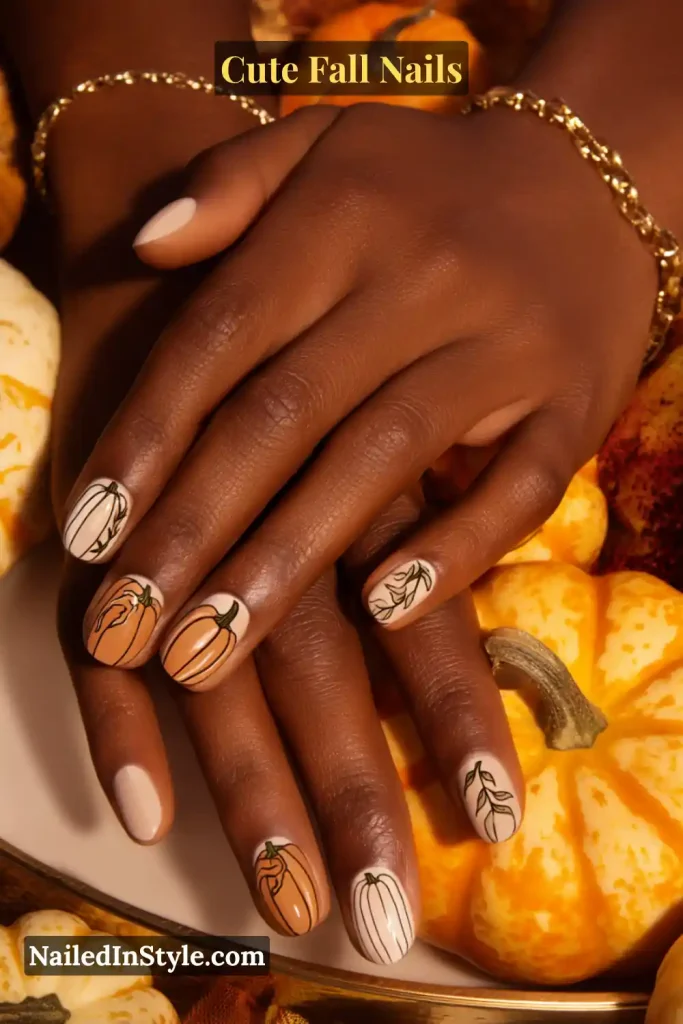 Cute fall nails featuring pumpkin patch doodles with tiny pumpkins and leafy vines on accent nails, paired with solid autumn tones, styled with mini gourds.