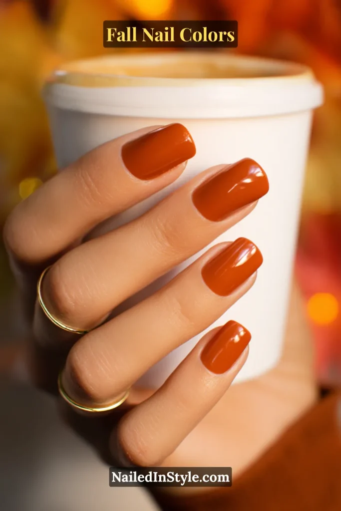 Fall Nail Colors Close-up of a glossy burnt orange fall manicure on medium-toned skin, holding a pumpkin spice latte cup.