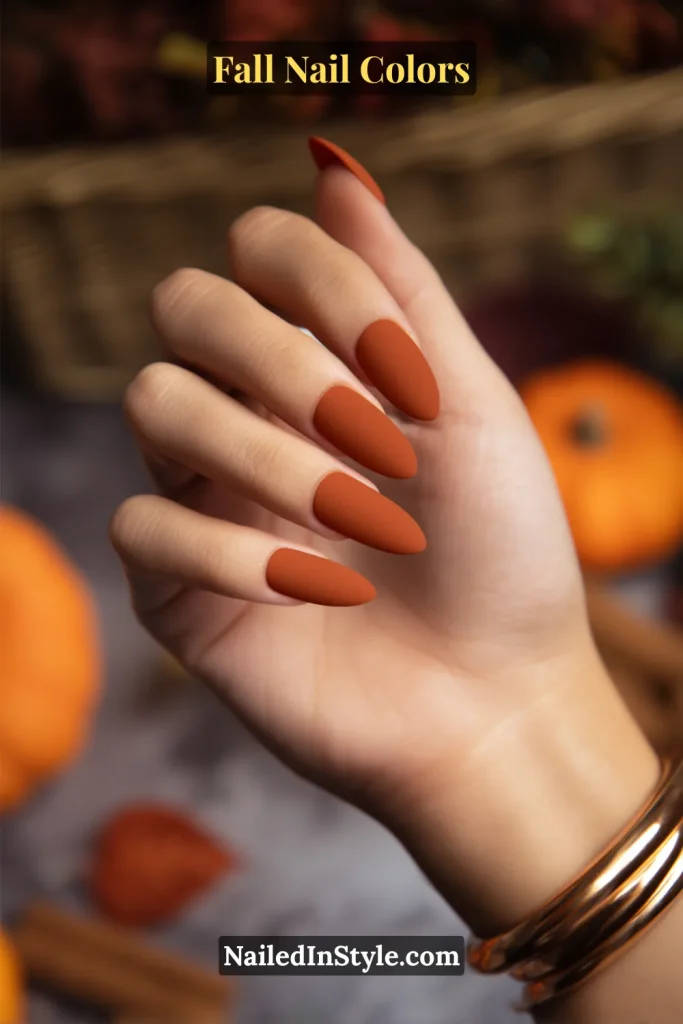 Matte rust red nails on tan skin with a small pumpkin in the background, styled for autumn.