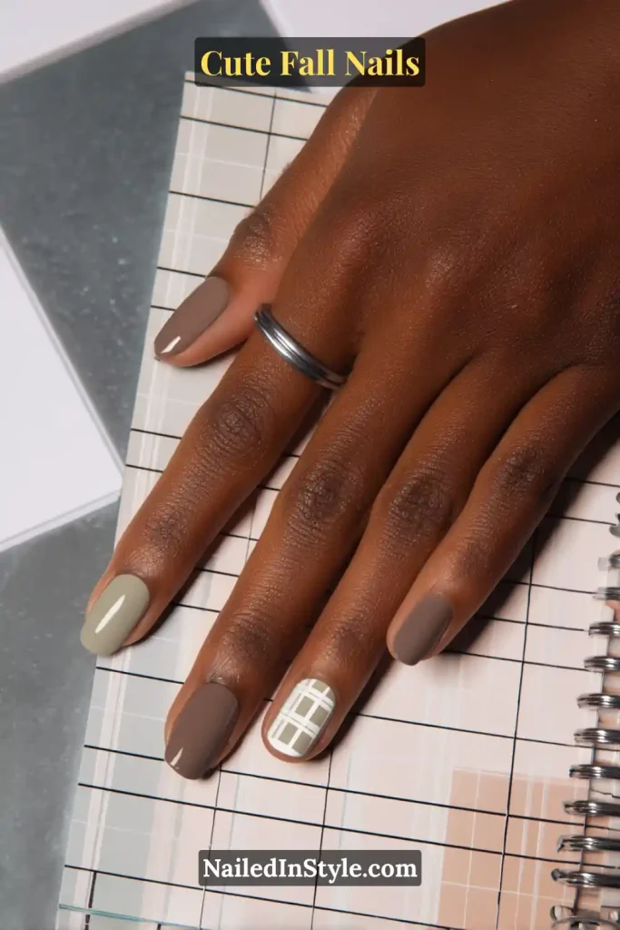 Cute fall nails featuring a sage green and taupe checkerboard accent on the ring finger, with the rest of the nails painted in solid earthy tones, styled with a notebook.