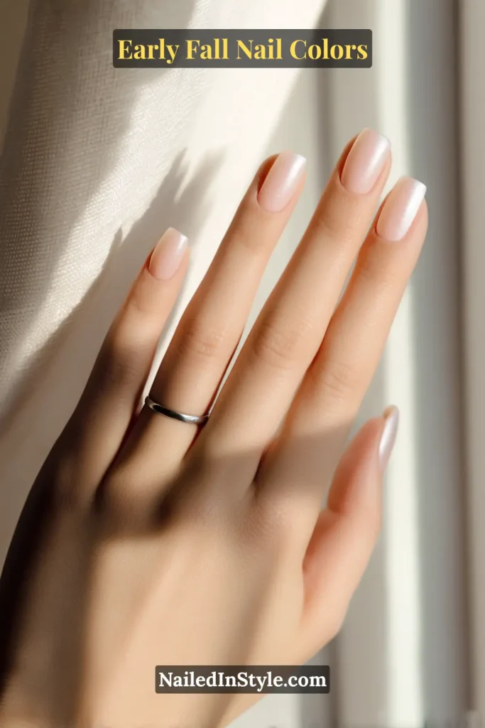 Early fall nail colors in translucent rosy beige with a pearly chrome glaze, styled in soft window light over linen.