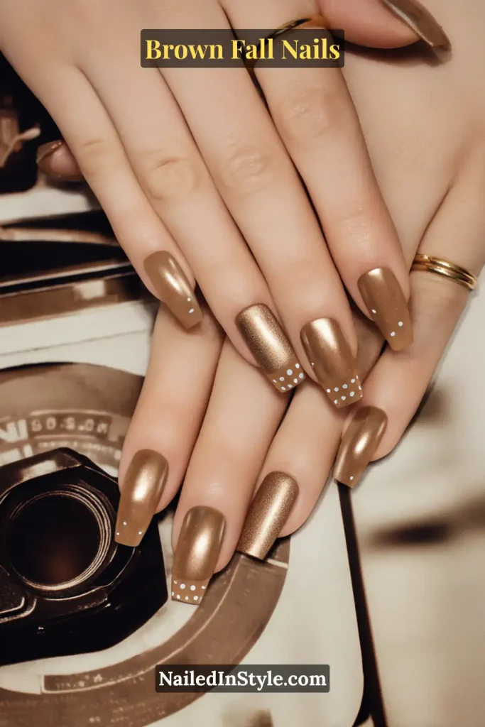 Bronze-brown nails with glossy finish and tiny white perforation dots resembling film strip edges.