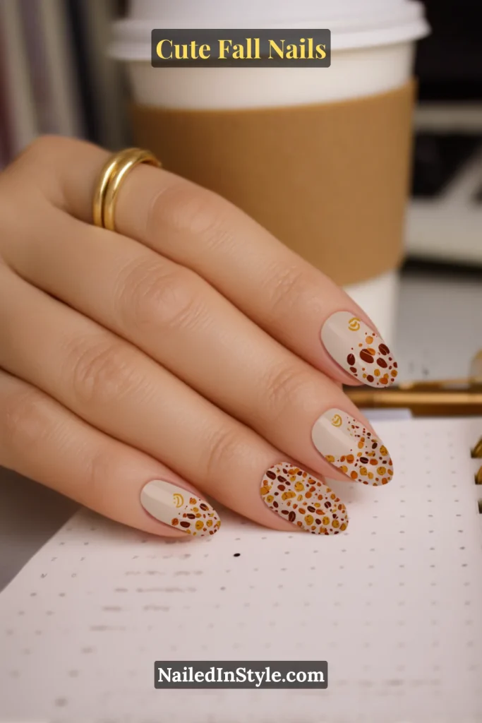 Fall nails with nude base decorated in cinnamon spice-inspired dots and tiny smiley faces, styled with a latte cup and dotted notebook.