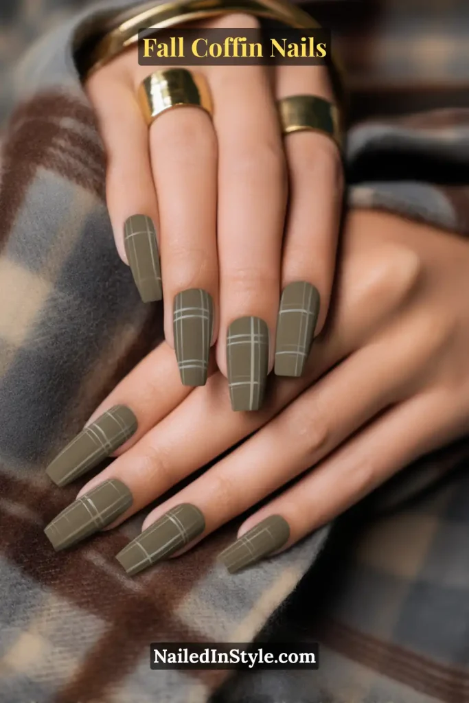 fall coffin nails in smoky olive shade framed with delicate plaid lines, styled against a folded scarf edge for autumn vibes