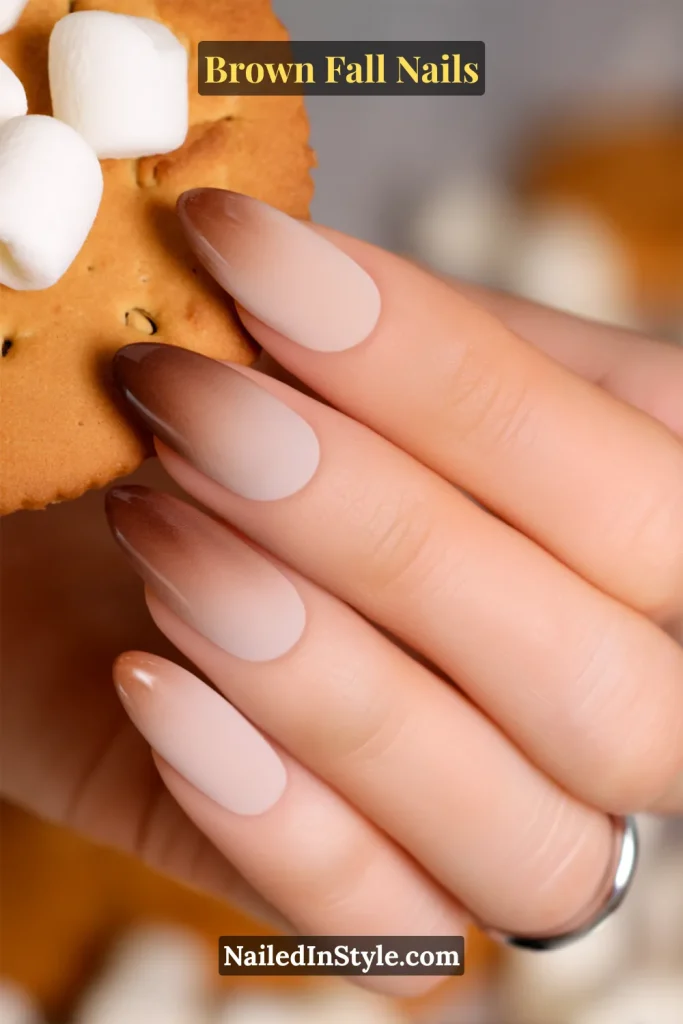 Nude nails with soft brown gradient tips resembling toasted marshmallow.