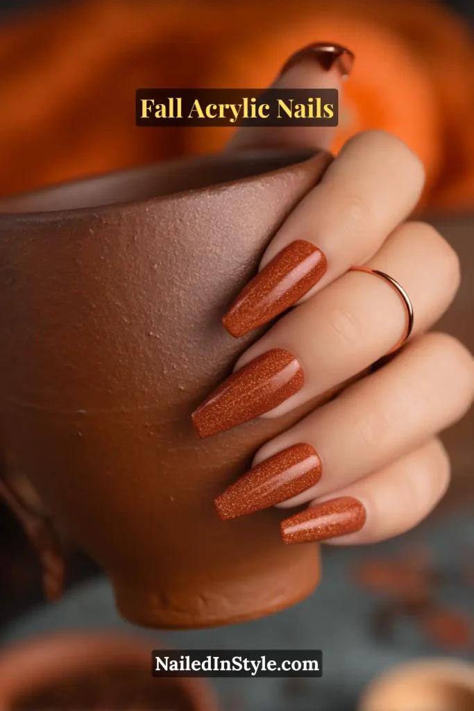 Coffin-shaped acrylic nails in terracotta glitter with sugar-tip effect, holding a rustic pottery mug.