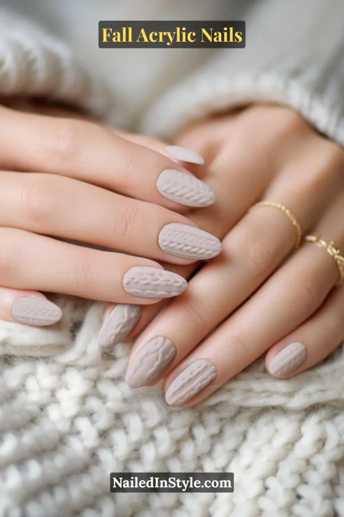 Short almond-shaped taupe acrylic nails with raised 3D cable knit texture on fair skin, photographed over a cozy knit throw.