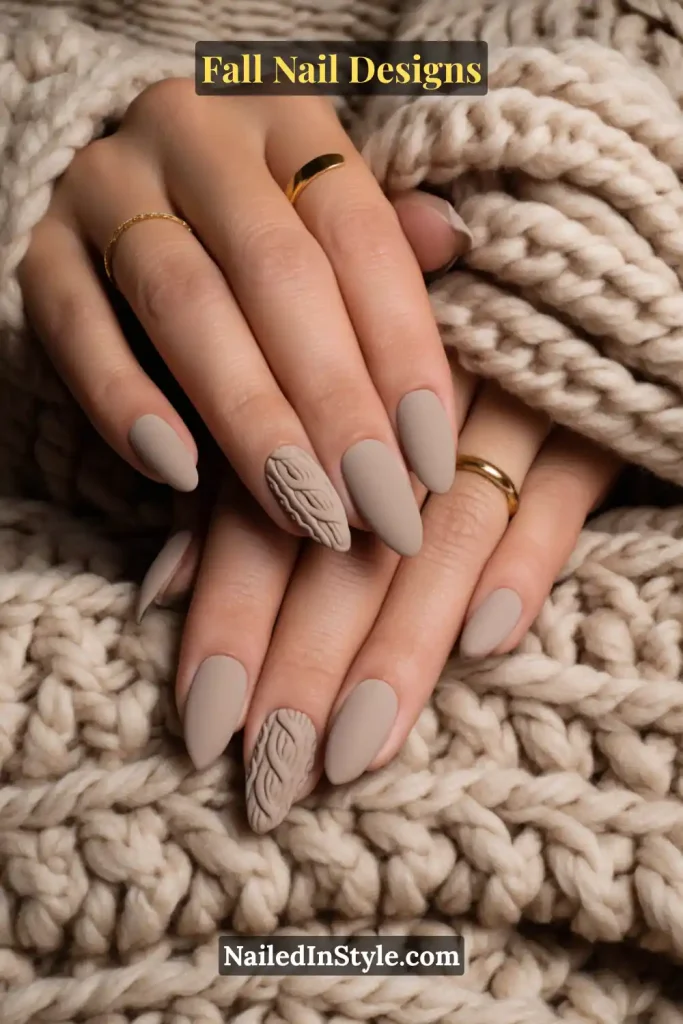 Hand with matte taupe nails featuring raised cable knit texture accents, resting on a chunky knit throw.