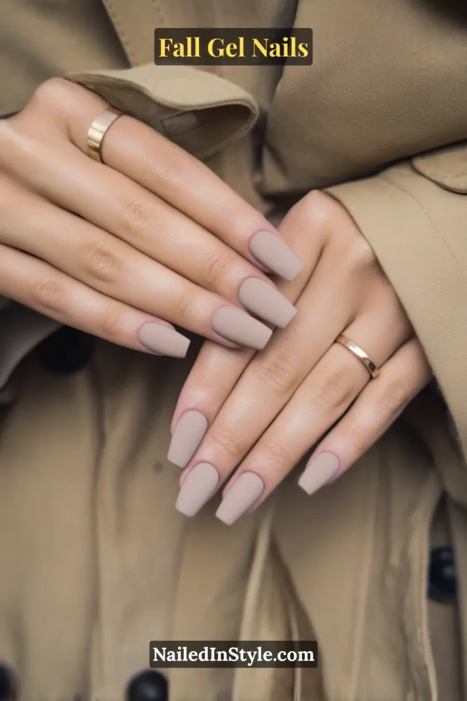 fall gel nails in taupe matte finish, coffin shape against a beige trench coat backdrop