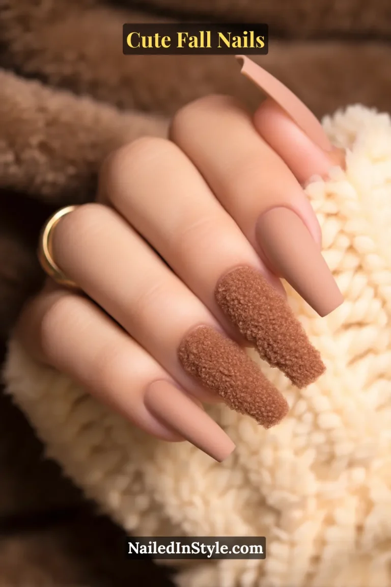 Cute fall nails with creamy nude polish and teddy-soft flocked fuzzy texture on two accent nails, styled with a cozy fleece cuff.