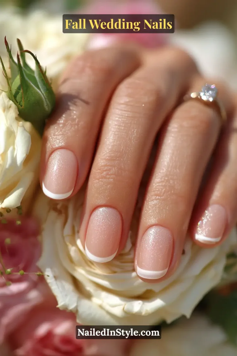 Close-up of elegant fall wedding nails featuring a nude base with slim champagne French tips, bride holding ivory rose bouquet.