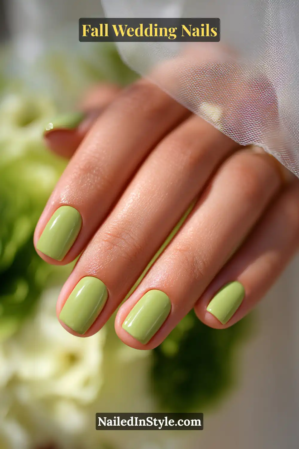 Close-up of glossy olive green polish on short square nails, bride adjusting her veil outdoors with bouquet in background.