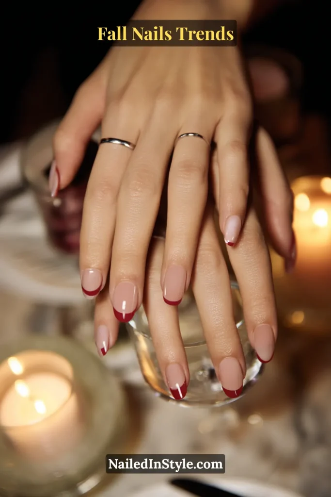 Fall berry French tip nails with a nude base and bold berry-colored tips, styled at a candlelit dinner table for a chic seasonal vibe.