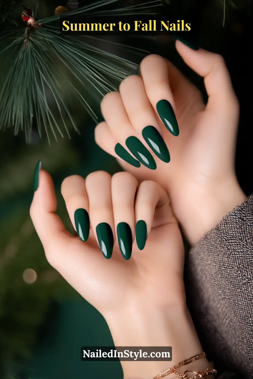 fall almond nails with deep forest green negative-space arcs