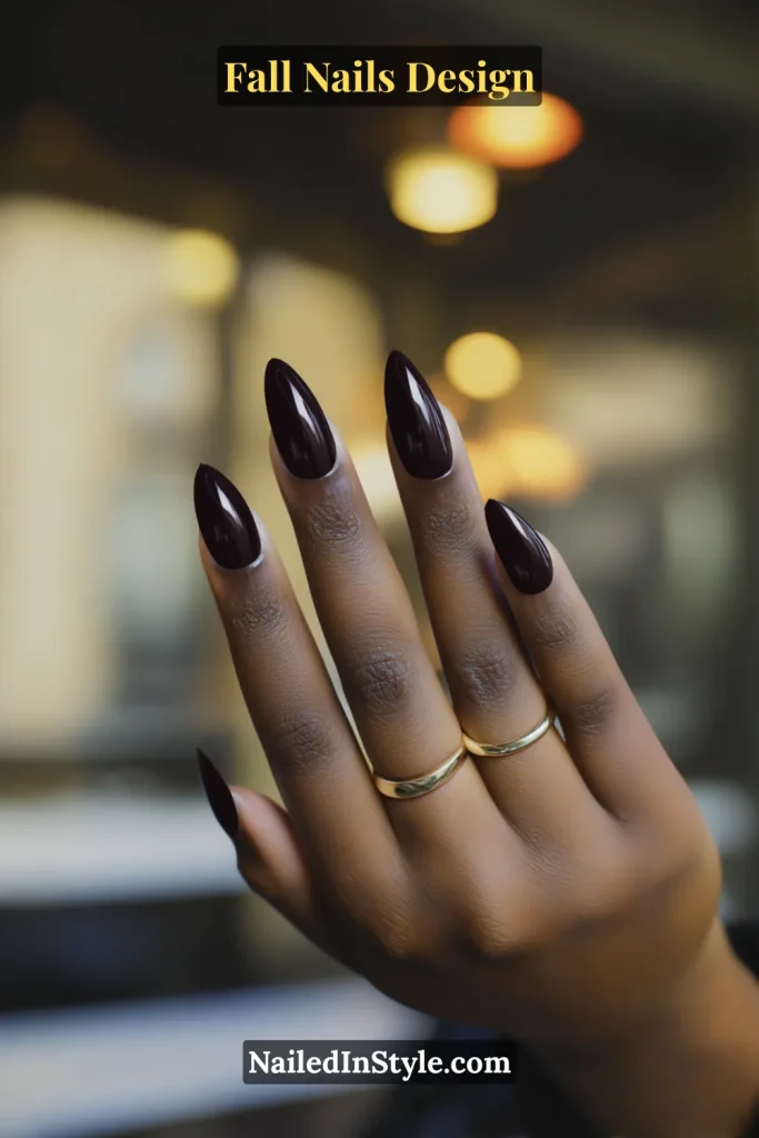 Fall Nails Design: Bold, Chic & Gorgeous Ideas 5 Fall nails design featuring sheer purple-black jelly almond nails with a translucent gloss, styled against a cozy café window silhouette.