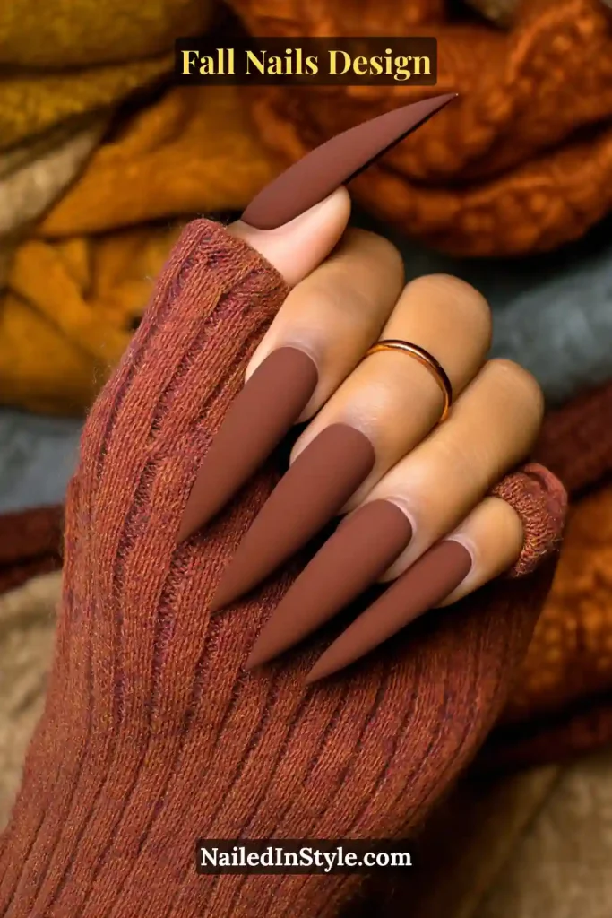 Fall Nails Design: Bold, Chic & Gorgeous Ideas 15 Fall nails design featuring mocha matte stiletto nails styled with cozy knit gloves.