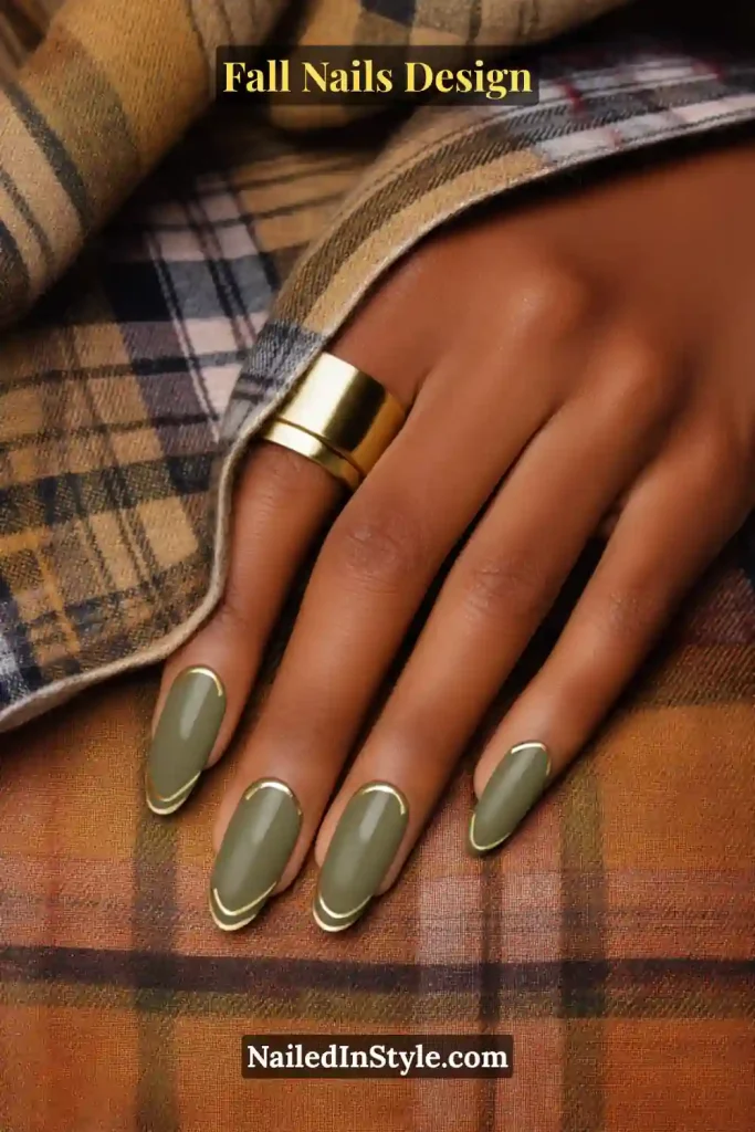 Fall Nails Design: Bold, Chic & Gorgeous Ideas 3 Fall nails design featuring olive green base nails outlined with metallic gold accents, styled against a plaid scarf for cozy autumn vibes.