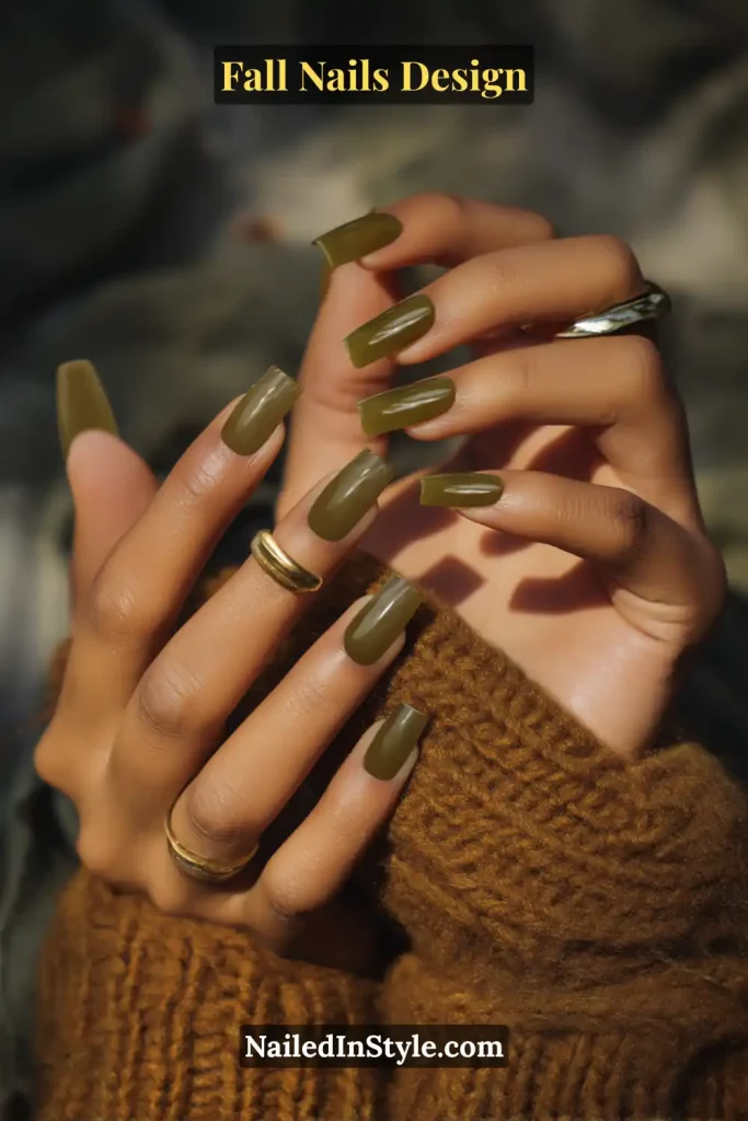 Fall Nails Design: Bold, Chic & Gorgeous Ideas 14 Fall nails design featuring olive jelly square nails with a translucent olive green polish, styled with a knit scarf.