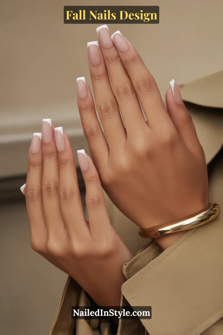 Fall nails design featuring taupe square nails with crisp white French tips, styled against a beige trench coat sleeve for a chic autumn look.