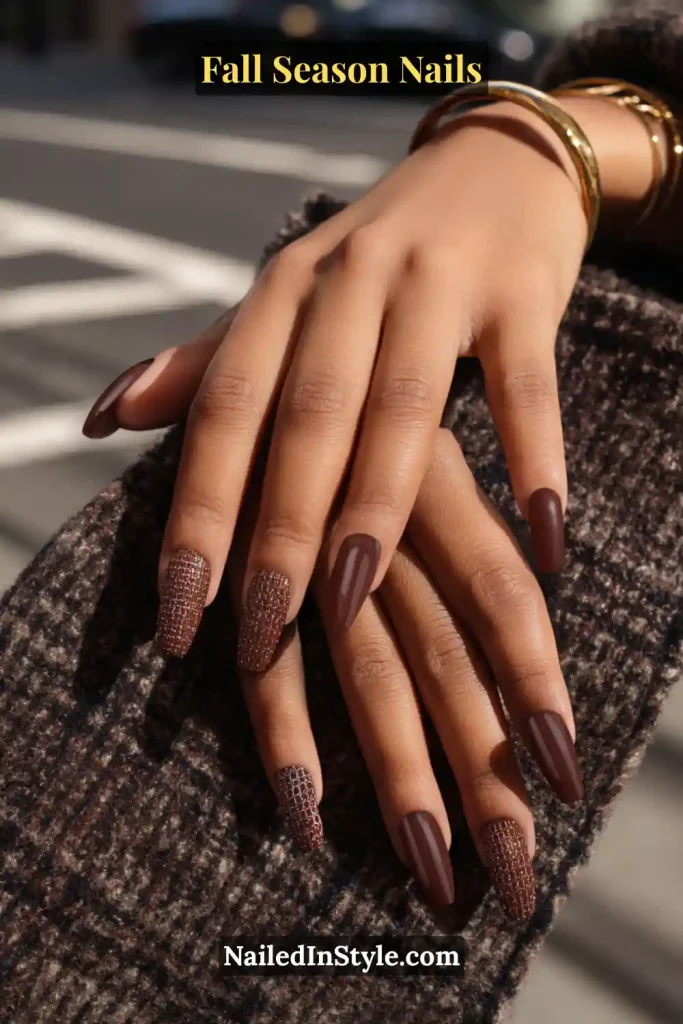 Glossy chestnut nails with cocoa micro-checker accents, styled with a tweed coat.