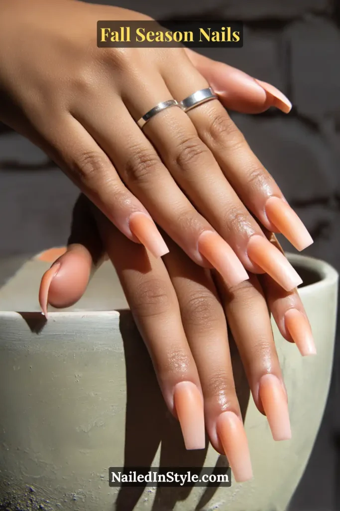 Terracotta ombre nails fading to nude, styled against a clay planter.