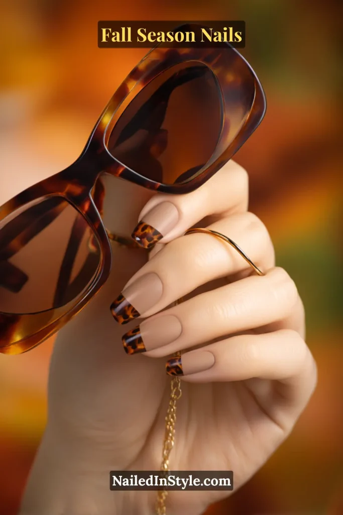 Latte nude nails with slim tortoiseshell French tips, styled holding tortoiseshell sunglasses.