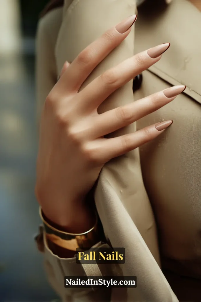 Stiletto fall nails in Black Cocoa French with espresso tips on sheer beige, styled against a trench coat lapel detail.