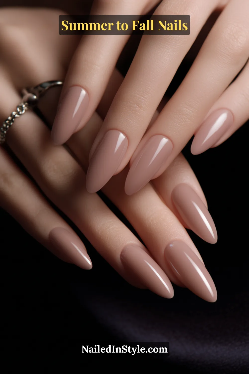 fall stiletto nails with olive chrome finish and mirror shine