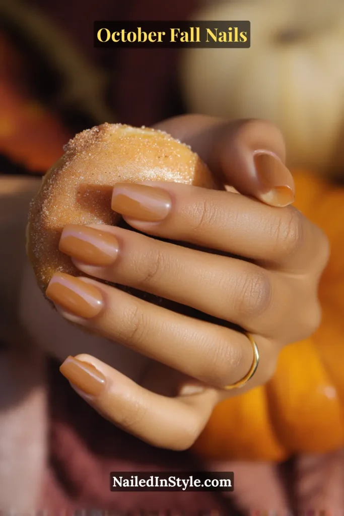 October fall nails in warm caramel jelly polish with glassy depth on short square nails, styled while holding a cinnamon-sugar donut.