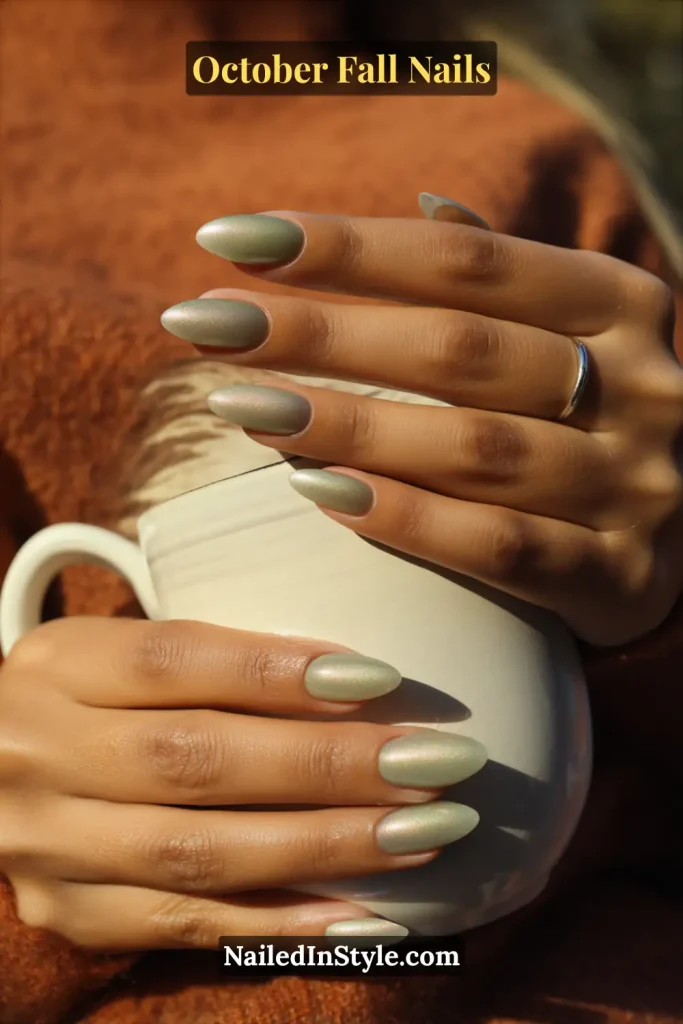 October fall nails in translucent sage with a soft smoky halo, almond shape, styled holding a ceramic mug for a fresh, minimal vibe.