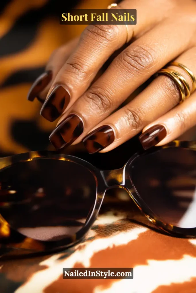 Short square nails with cocoa and caramel tortoiseshell swirls, styled over matching sunglasses.