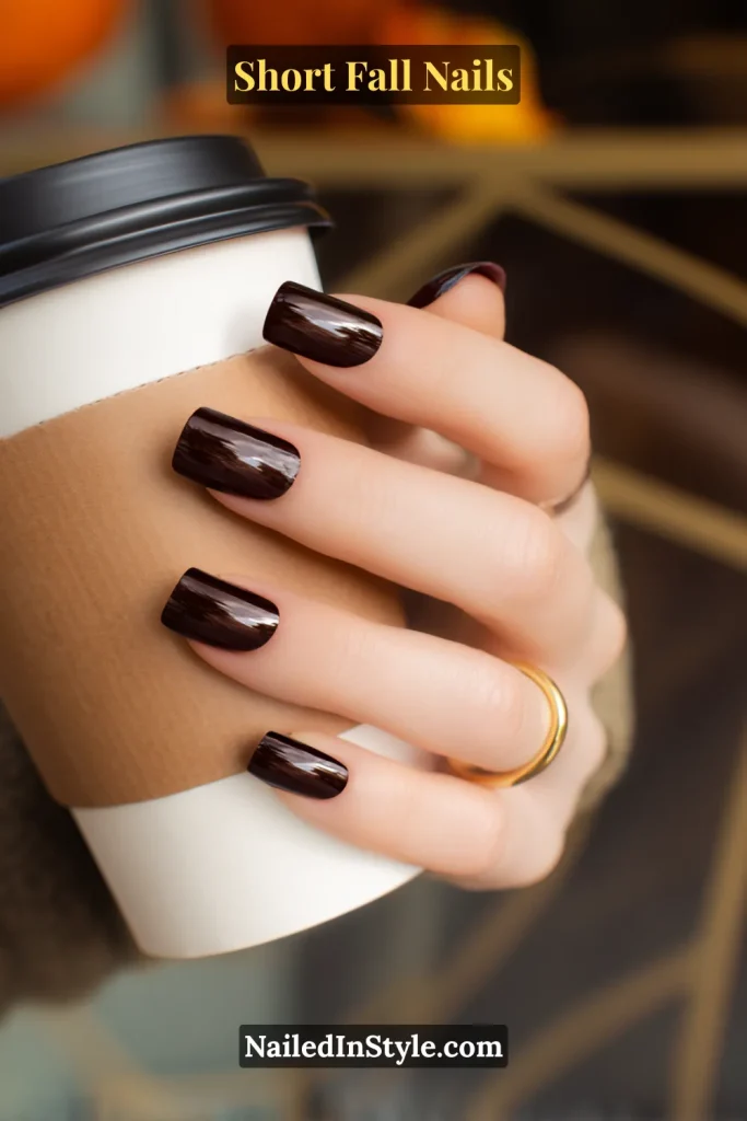 Short fall nails in a deep coffee-brown shade with a mirror-glass shine on a short square shape, styled while holding a latte cup.