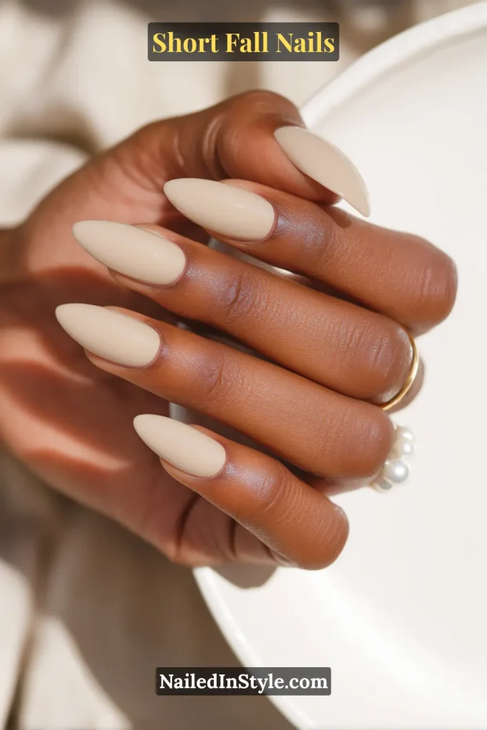Short almond nails in sheer latte nude with a glossy finish, styled over a ceramic brunch plate.