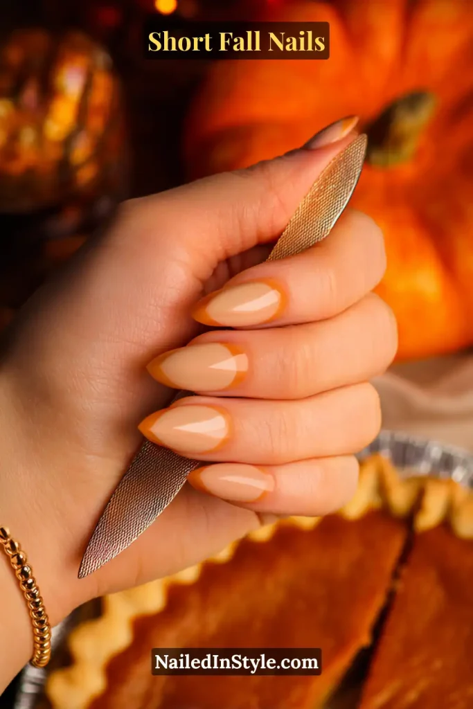 Short almond nails in warm nude with thin maple French tips, styled holding a pumpkin pie server.