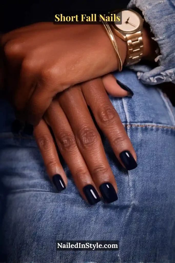 Short square nails in inky navy polish, styled with a denim cuff and gold watch.
