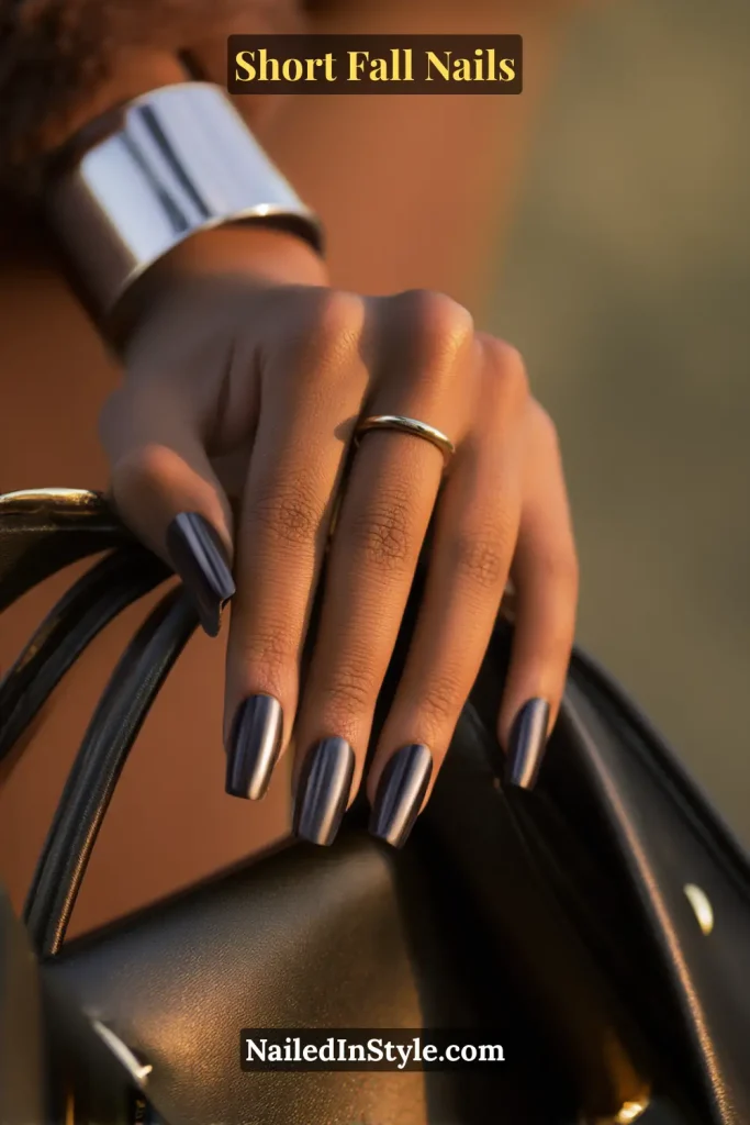 Short square nails with an inky base and ultrathin pewter lines, styled holding a structured mini bag.