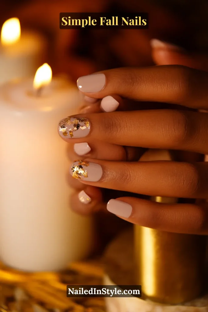 Simple fall nails in a soft neutral polish with one gold-foil accent nail per hand, styled on a candlelit tabletop for a warm fall vibe.
