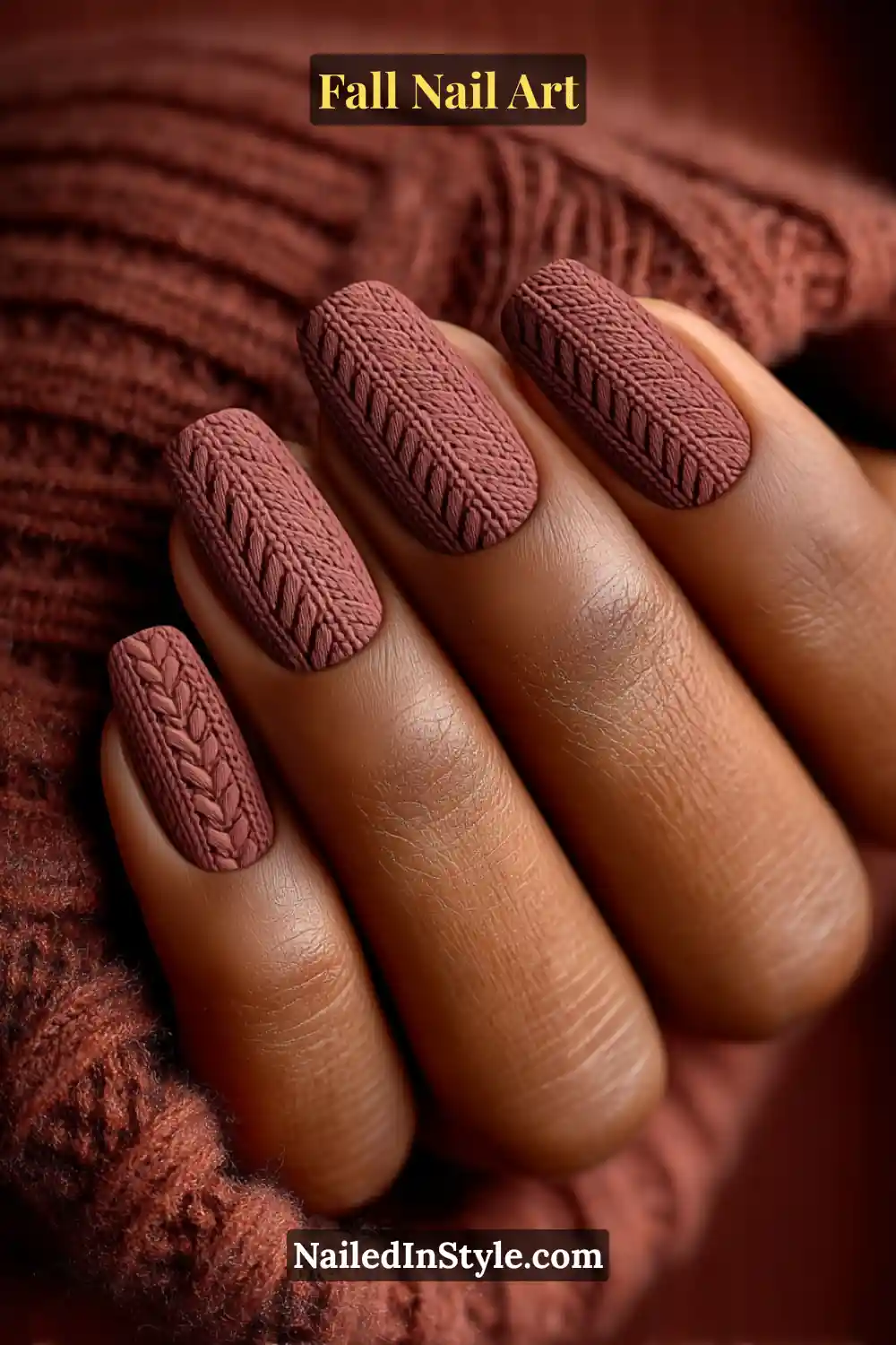 Medium square nails in a warm amber hue featuring a soft matte finish and raised knit chevron texture near the cuticle, creating a 3D cozy effect that glows beautifully on medium to deep skin tones.