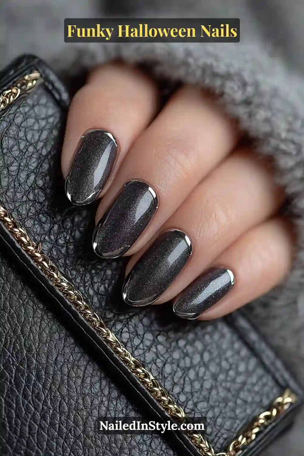 Short almond nails in onyx, graphite, and violet tones with a glossy base outlined by razor-thin chrome bat-wing frames, styled with a black leather clutch for an elevated Halloween aesthetic.