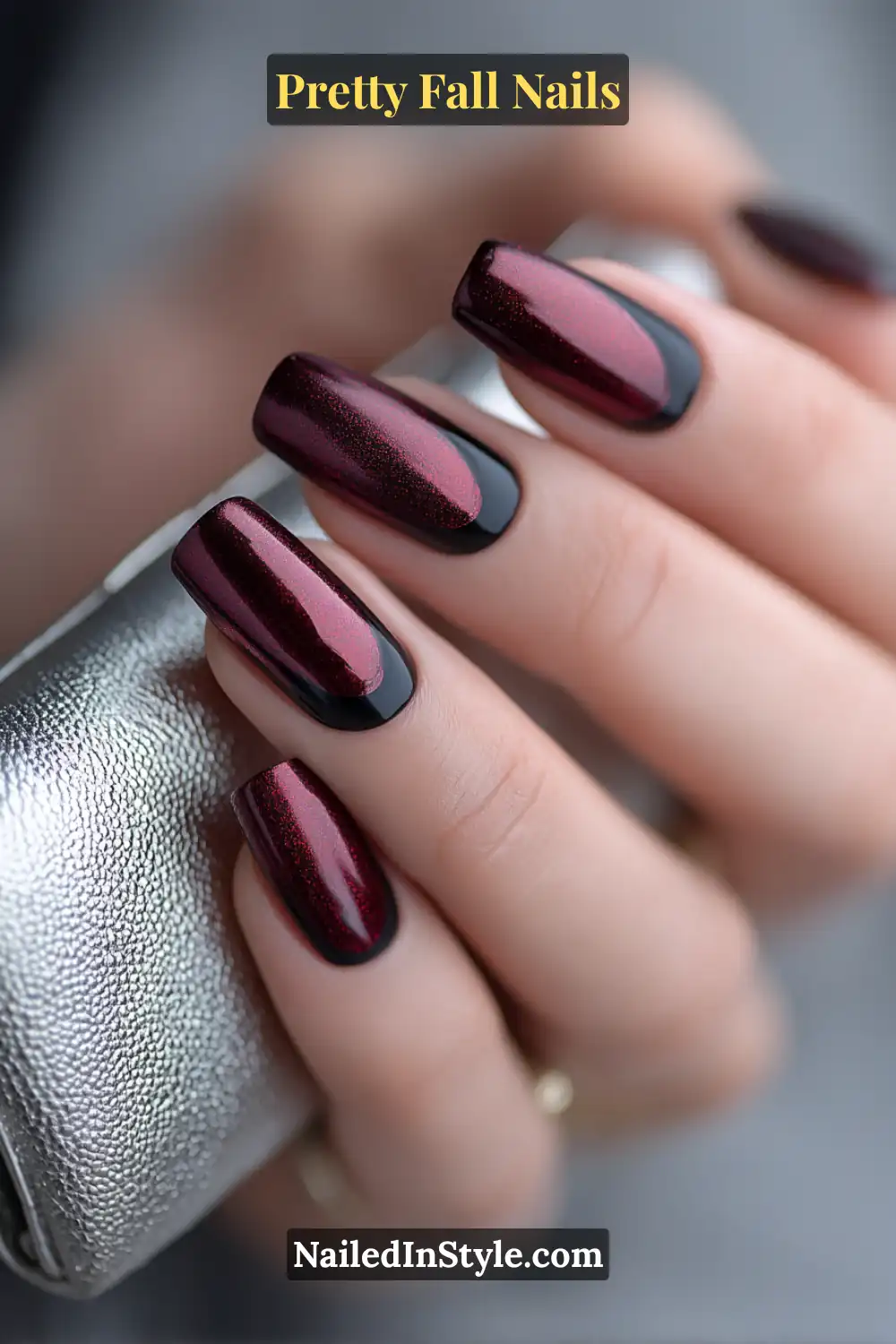 Medium coffin nails in a deep blackberry chrome finish with glossy sculpted drips overlaying a soft matte base, creating a dimensional 3D texture that gleams under flash and complements every skin tone.