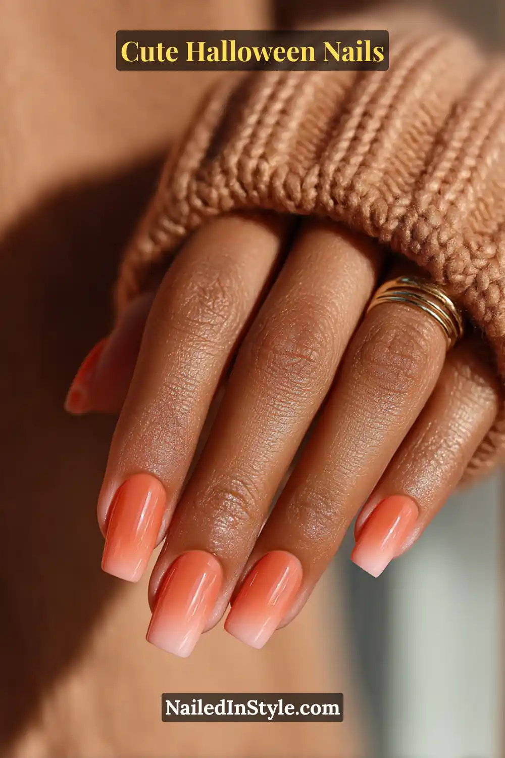 Cute Halloween nails with a candy corn–inspired ombré blend of soft butter yellow, peach, and white — glossy, airy, and festive.