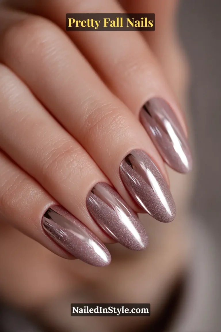 Medium oval nails glazed in a chai-taupe shimmer with a silver magnetic beam gliding through the center, catching light like a cat’s eye and giving a smooth mirrored depth perfect for fall evenings.