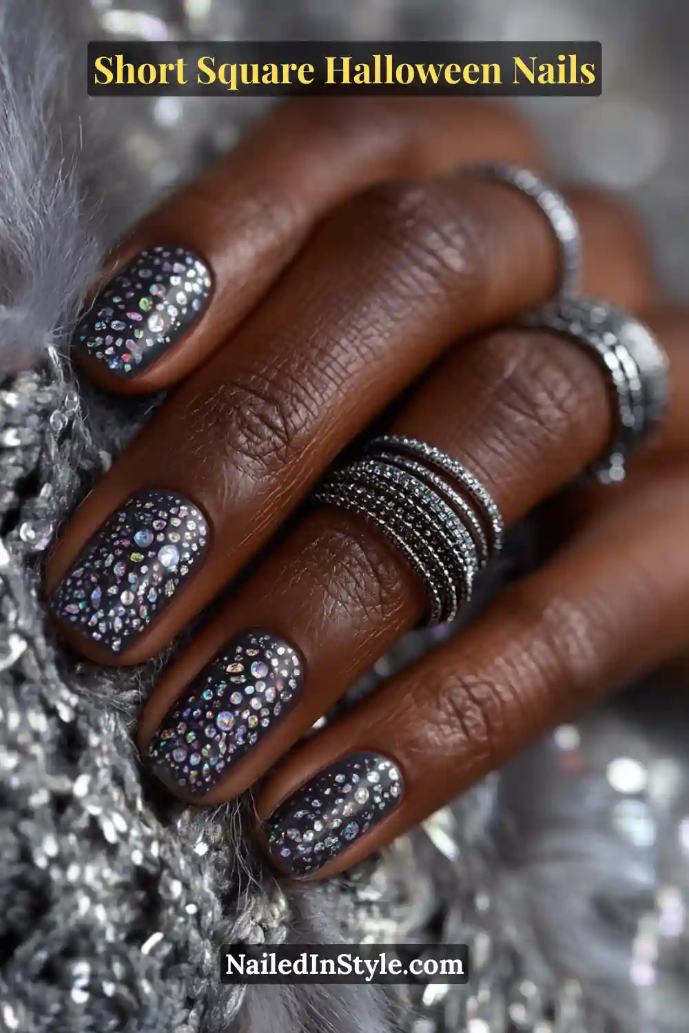 Short square nails in smoky grey with scattered 3D chrome micro-dots that shimmer like ghostly fireflies, a radiant and edgy Short Square Halloween Nails look.