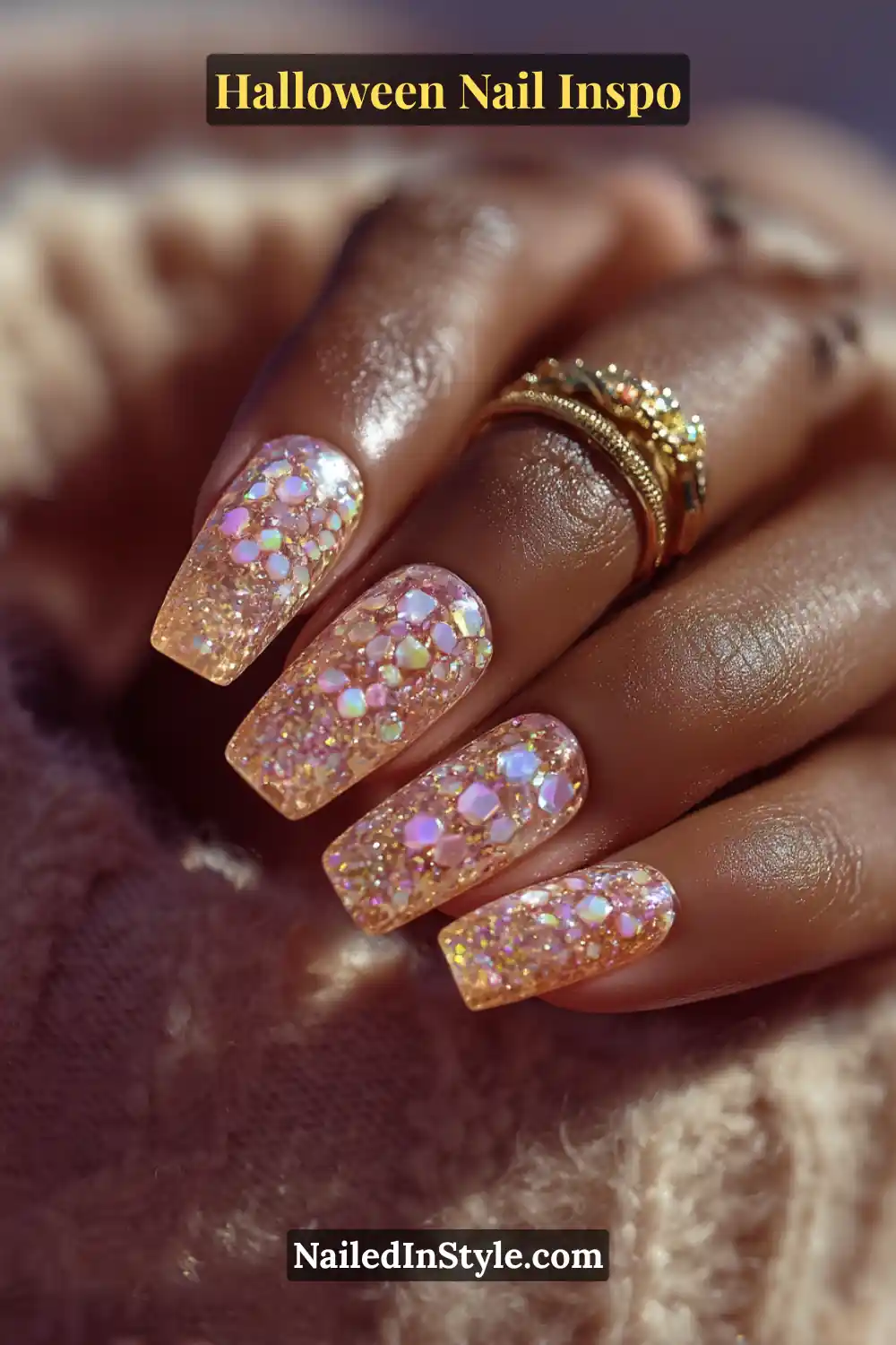 Long coffin nails with a translucent honey-apricot jelly base featuring 3D opal cabochons, creating a radiant cider-glow effect perfect for fall.